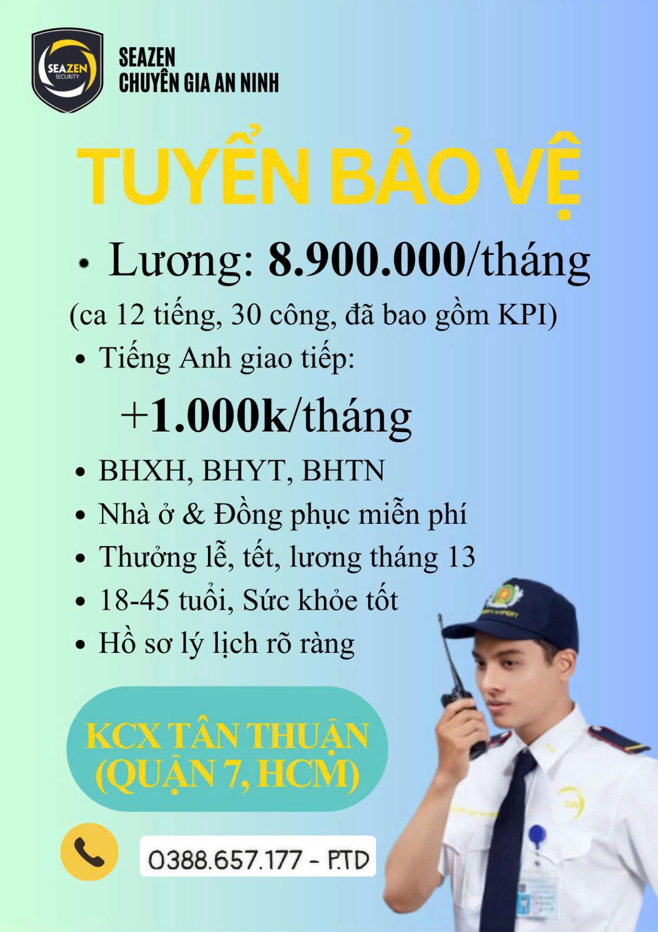 [ KCX TÂN THUẬN, QUẬN 7] TUYỂN NHÂN VIÊN BẢO VỆ