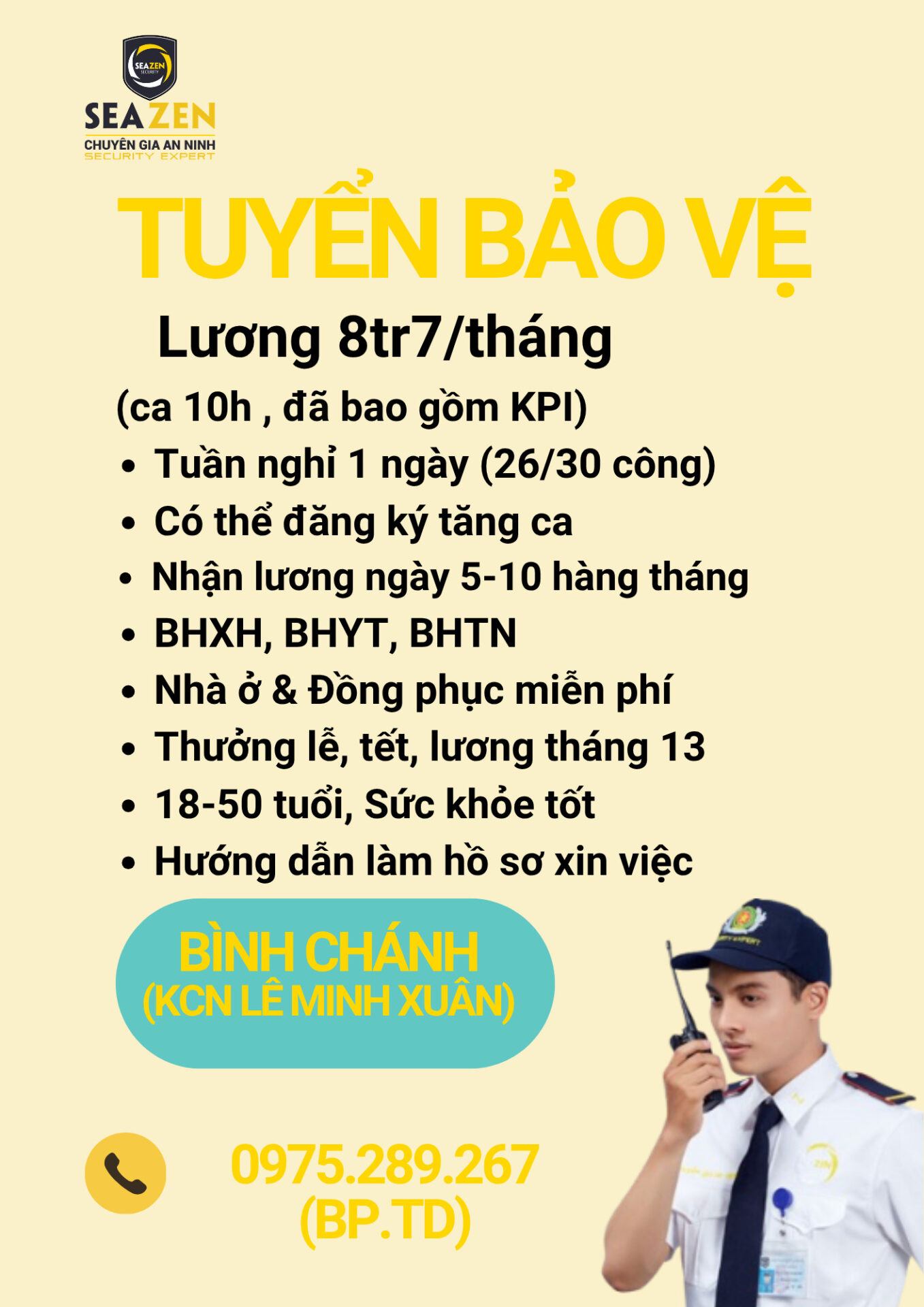 [ KCN LÊ MINH XUÂN, BÌNH CHÁNH] TUYỂN NHÂN VIÊN BẢO VỆ