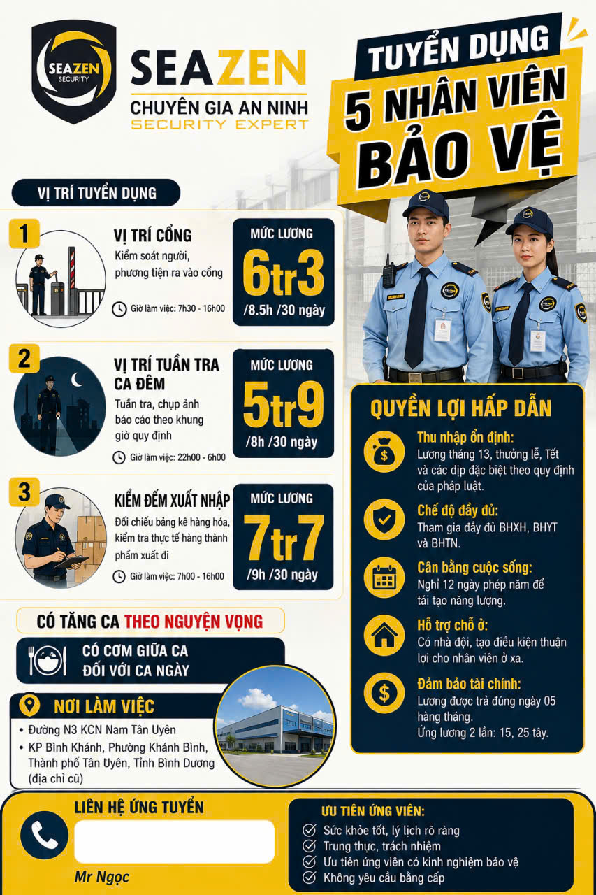 TUYỂN DỤNG BẢO VỆ - NHÀ MÁY, VSIP2A - BÌNH DƯƠNG